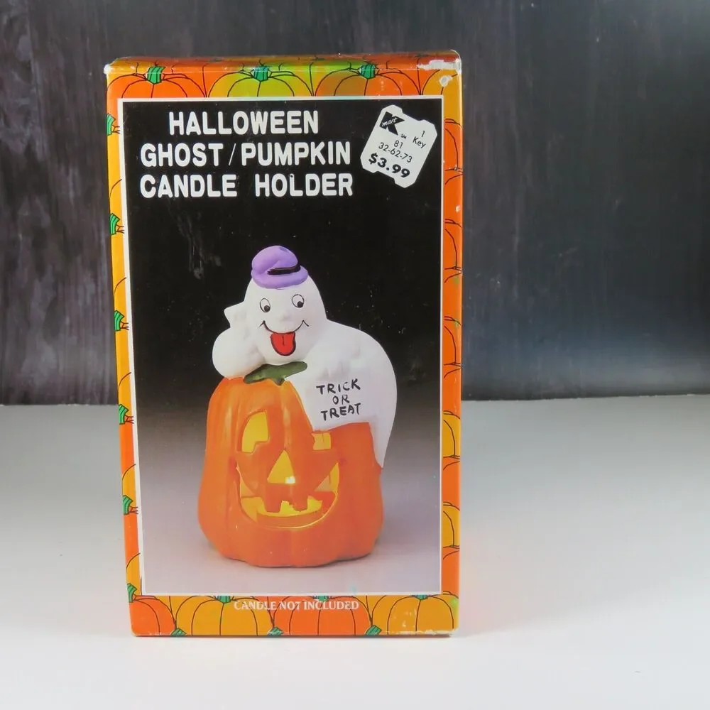 Ceramic Ghost Pumpkin Halloween Tea Light Candle Holder Statue 7” Kmart Vintage